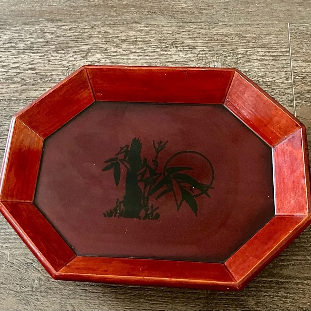 Red Lacquered Octagonal Decorative Tray Set